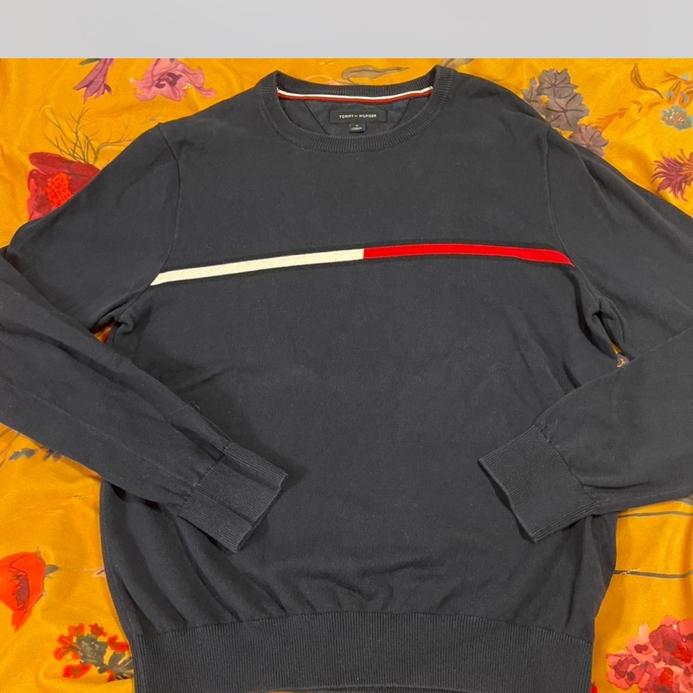 Tommy Hilfiger Black Sweater with Red and White Stripe